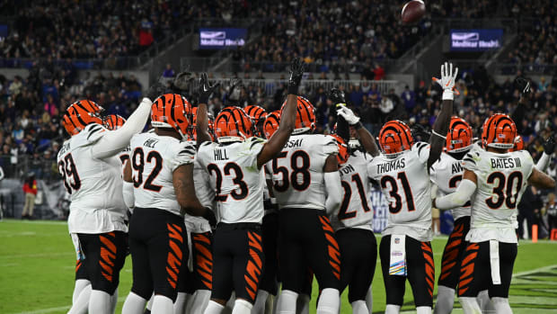Oct 9, 2022; Baltimore, Maryland, USA; Cincinnati Bengals celebrates Cincinnati Bengals safety Vonn Bell (24) interception in the end zone during the second quarter against the Baltimore Ravens at M&T Bank Stadium. Mandatory Credit: Tommy Gilligan-USA TODAY Sports